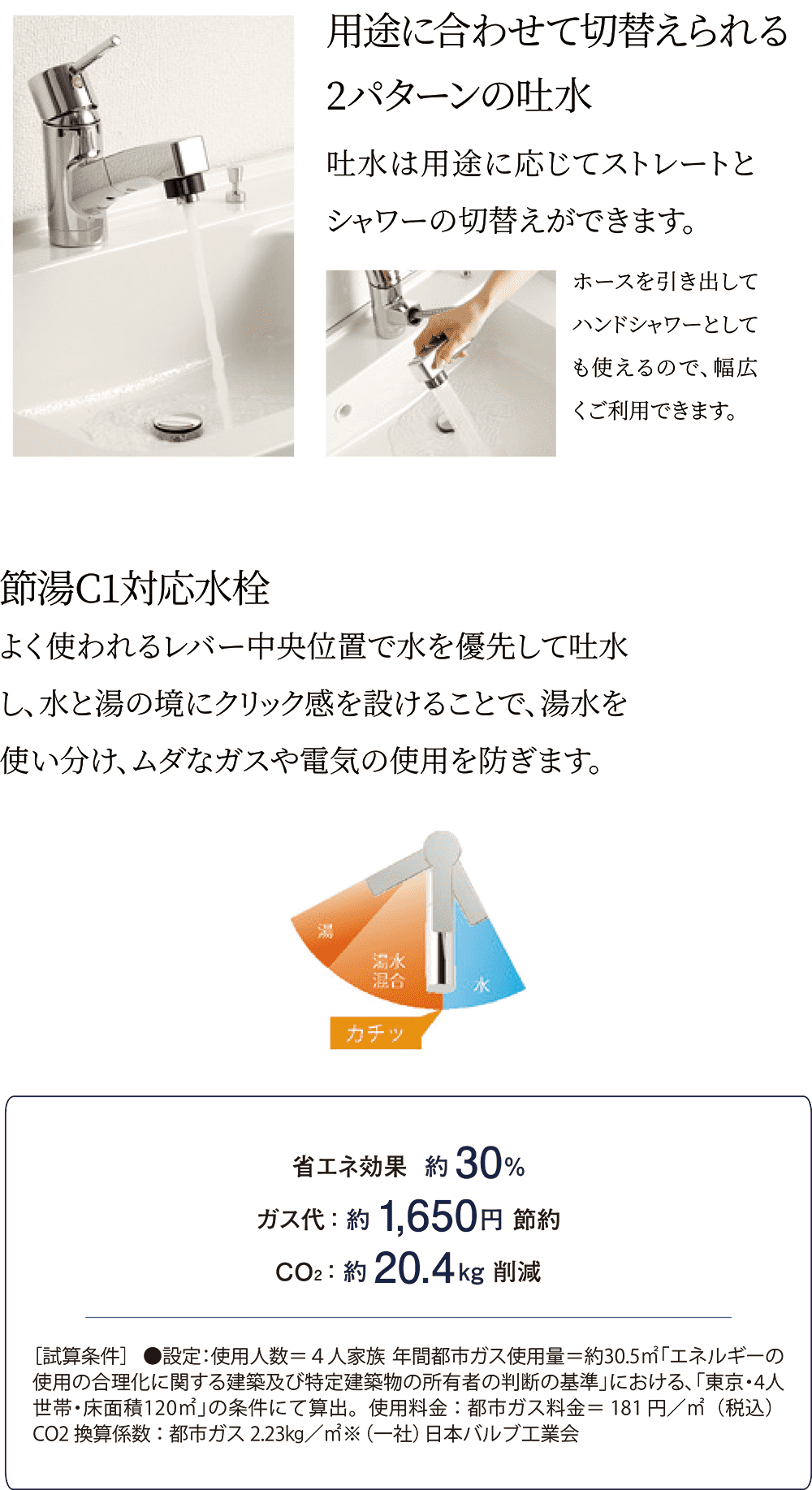 用途に合わせて切替えられる2パターンの吐水。吐水は用途に応じてストレートとシャワーの切替えができます。ホースを引き出してハンドシャワーとしても使えるので、幅広くご利用できます。 / 節湯C1対応水栓。よく使われるレバー中央位置で水を優先して吐水し、水と湯の境にクリック感を設けることで、湯水を使い分け、ムダなガスや電気の使用を防ぎます。省エネ効果 約30%、ガス代：約1,650円、CO約20.4kg削減［試算条件］  ●設定：使用人数＝４人家族 年間都市ガス使用量＝約30.5㎡「エネルギーの使用の合理化に関する建築及び特定建築物の所有者の判断の基準」における、「東京・4人世帯・床面積120㎡」の条件にて算出。使用料金：都市ガス料金＝181円／㎡（税込）  CO2換算係数：都市ガス2.23㎏／㎡※（一社）日本バルブ工業会