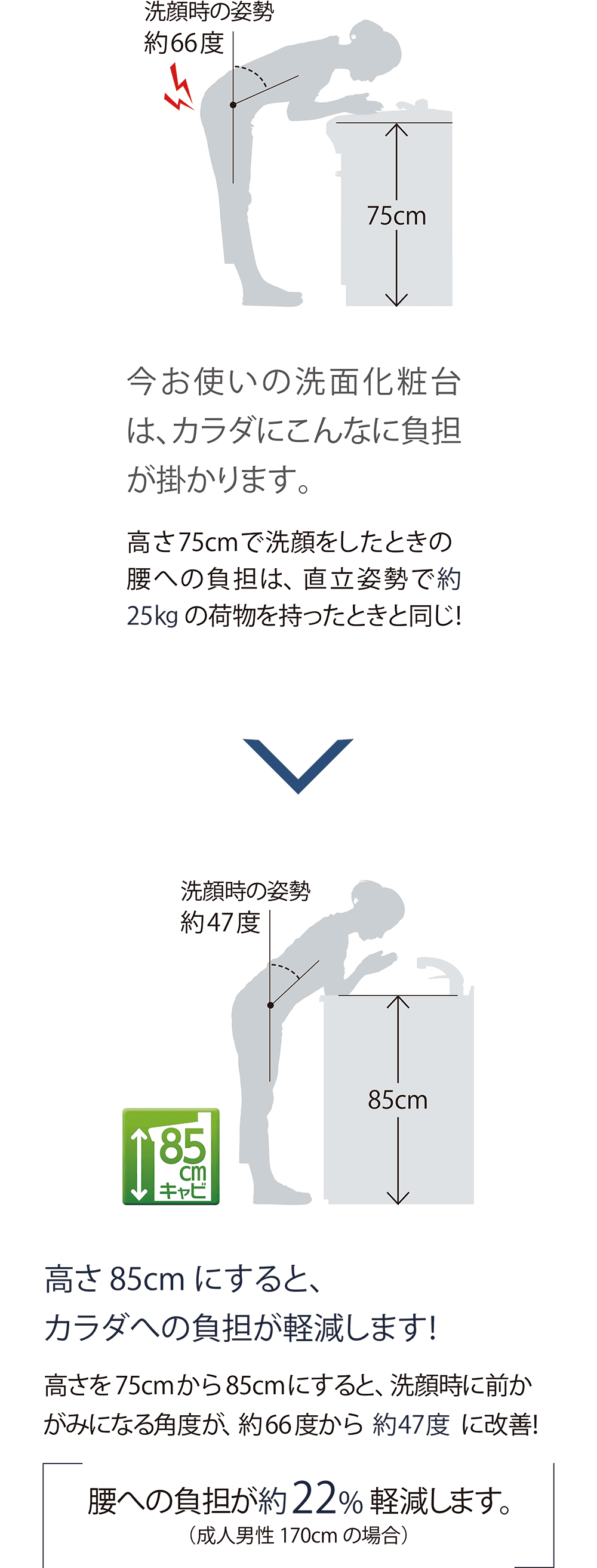 カラダにやさしい、高さ85cm。高さ75cmで洗顔をしたときの腰への負担は、直立姿勢で約25㎏の荷物を持ったときと同じ！ 高さを75cmから85cmにすると、洗顔時に前かがみになる角度が、約66度から約47度に改善！腰への負担が約22%軽減します。（成人男性170cmの場合）