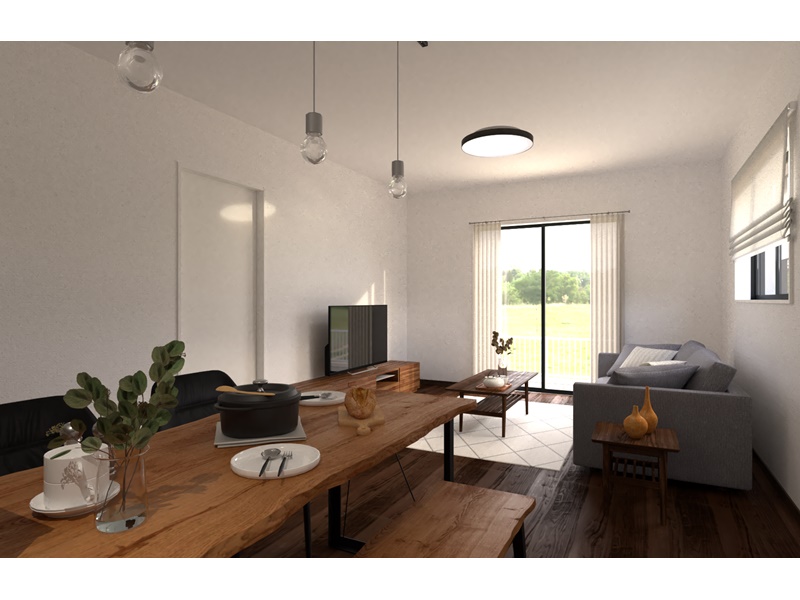 3号地　16.2帖のLDK。白×木目調の空間のLDKは木目スタイルの家具との相性が良く、統一感も生まれおしゃれな空間に仕上がります！※LDKパース