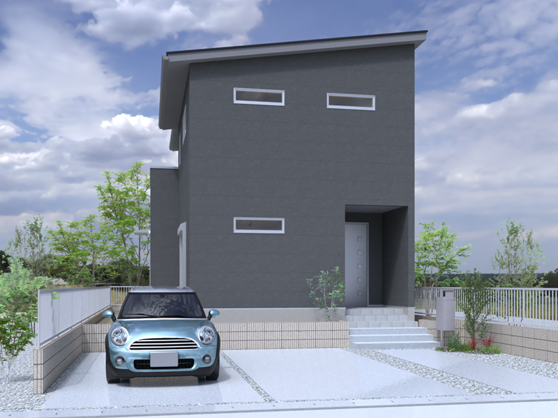 1号地　グレー×片流れ屋根のシンプルモダンな家。駐車は並列2台可能！